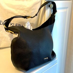 Calvin Klein Black Pebbled Leather Hobo Shoulder Bag Gold accents and logo